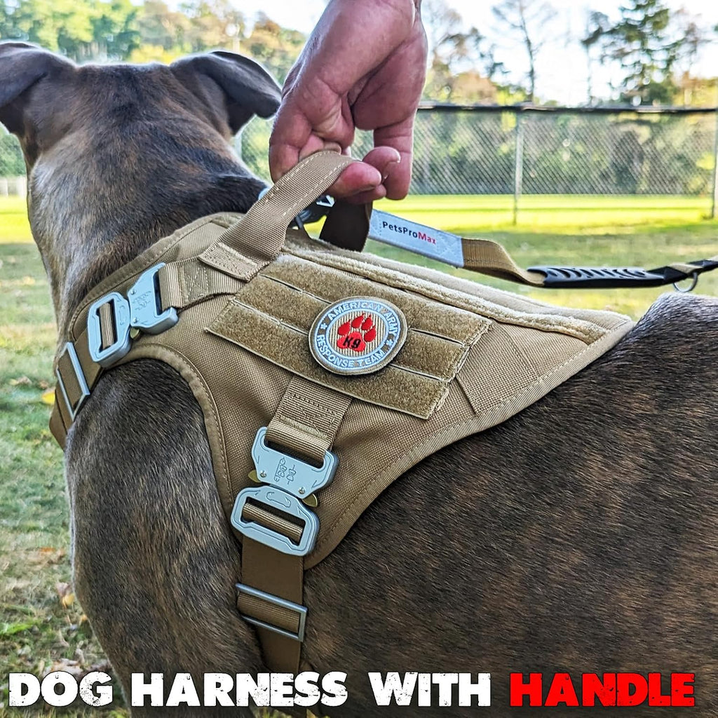 Pets Promax Tactical Dog Harness for Large Dogs – Military Grade, All-Metal Buckles Vest with Control Handle, No Plastic Componenets in Our Harness, Waterproof, No-Pull, No-Choke (Brown, L)