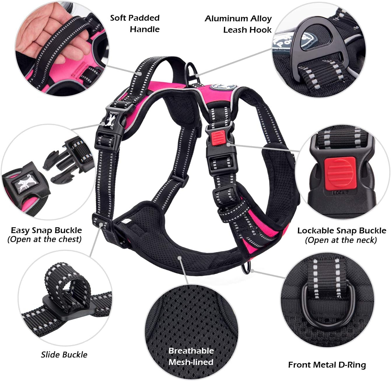 No Pull Dog Harness, No Choke Front Clip Dog Reflective Harness, Adjustable Soft Padded Pet Vest with Easy Control Handle for Small to Large Dogs(Pink,L)
