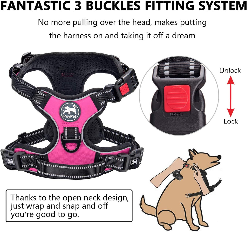 No Pull Dog Harness, No Choke Front Clip Dog Reflective Harness, Adjustable Soft Padded Pet Vest with Easy Control Handle for Small to Large Dogs(Pink,L)